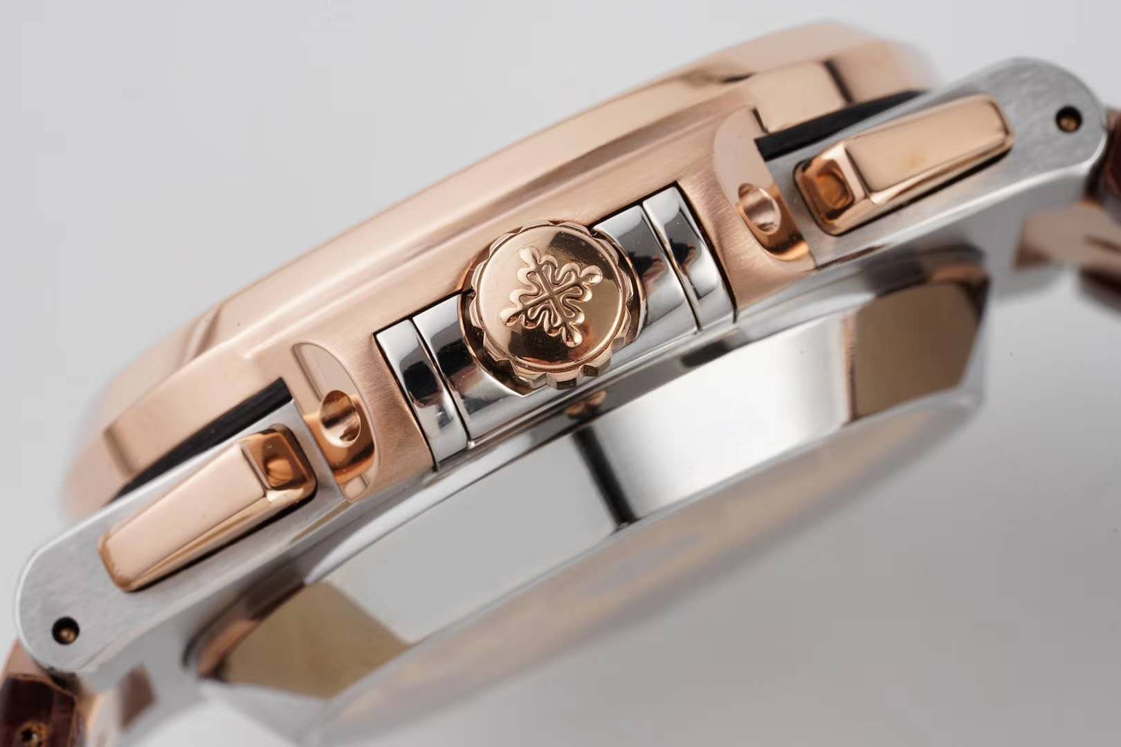 Nautilus Chronograph 5980/1AR in Steel and Rose Gold on Brown Leather Strap