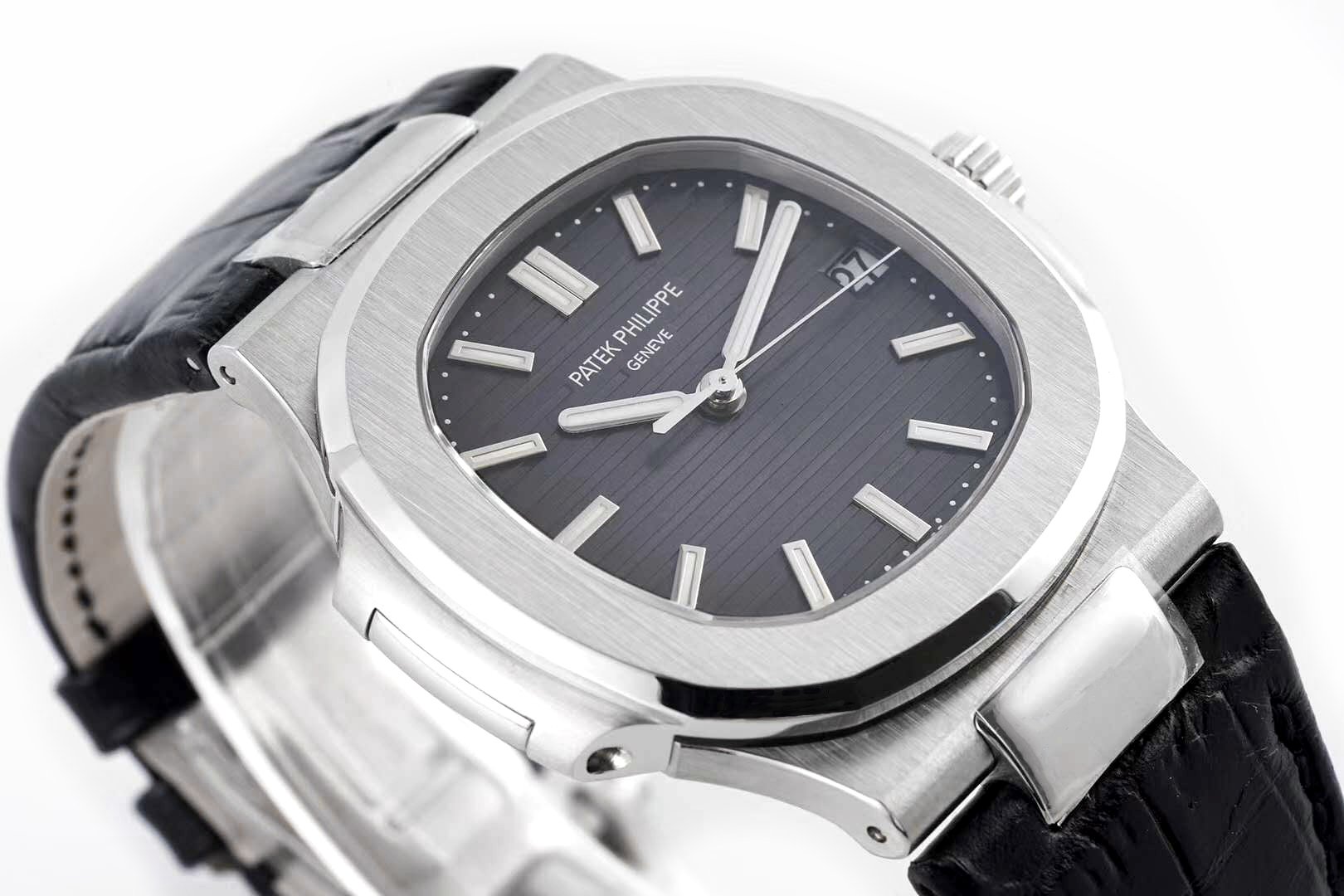 Nautilus Jumbo 5711 Grey Dial in Steel with Black Leather Strap