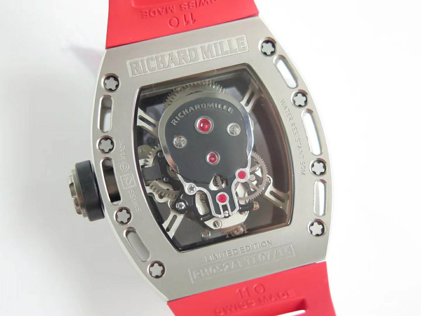 RM 052-01 Tourbillon Skull in Titanium on Red Rubber Strap