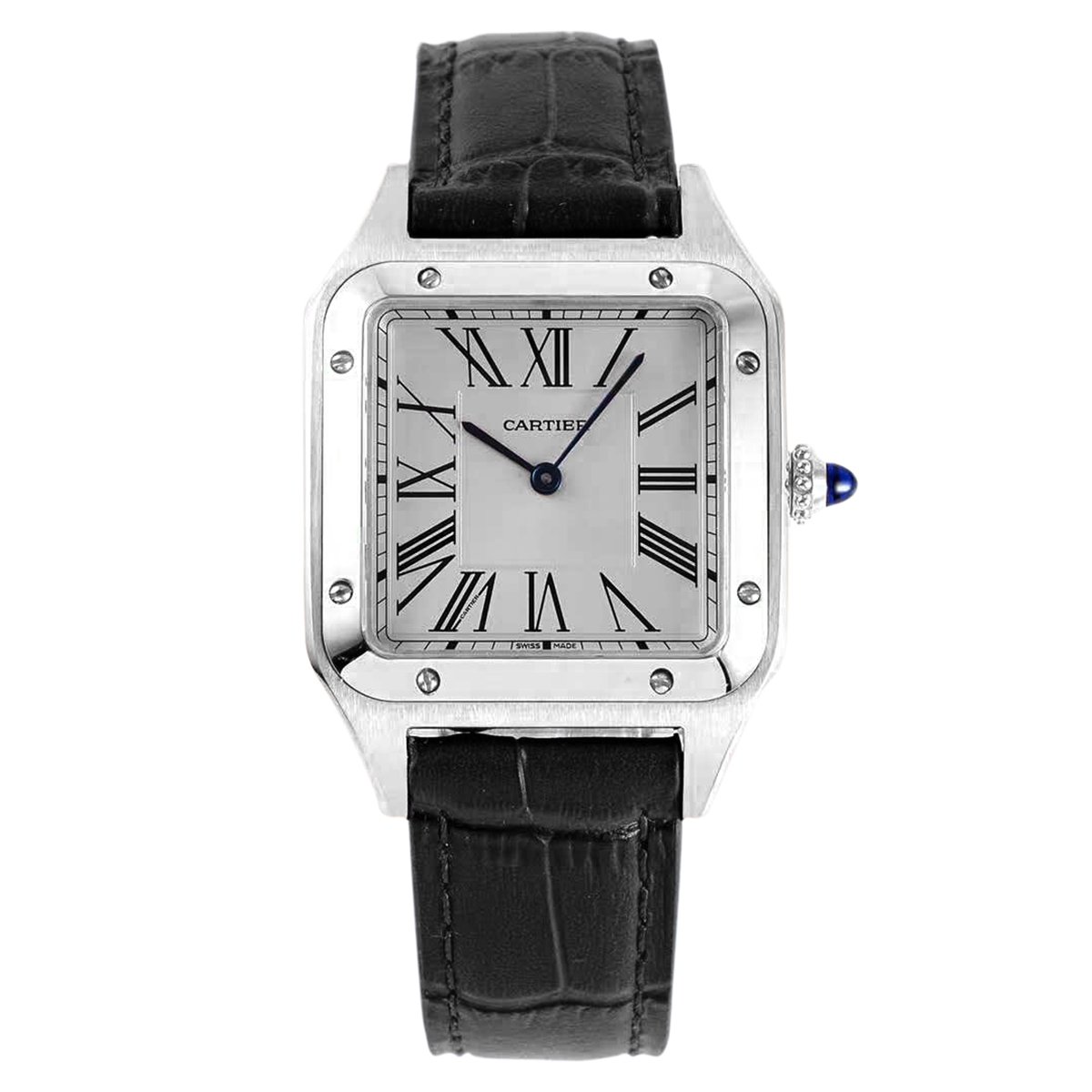 Santos-Dumont White Dial in Steel on Black Leather Strap