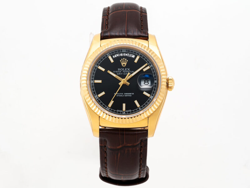 Day-Date 40 Black Dial in Yellow Gold on Leather Strap