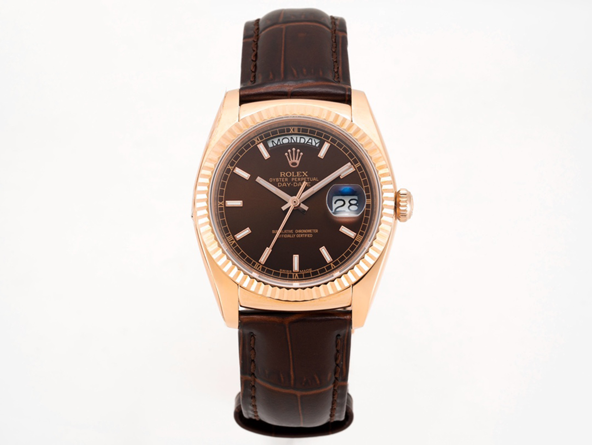 Day-Date 40 Brown Dial in Rose Gold on Leather Strap