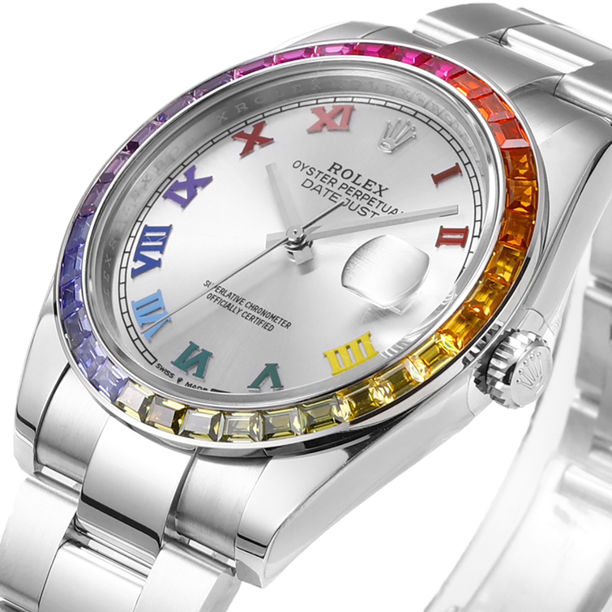 Datejust 41 Silver Dial Roman Markers with Rainbow D1am0nd Bezel in Steel on Oyster Bracelet