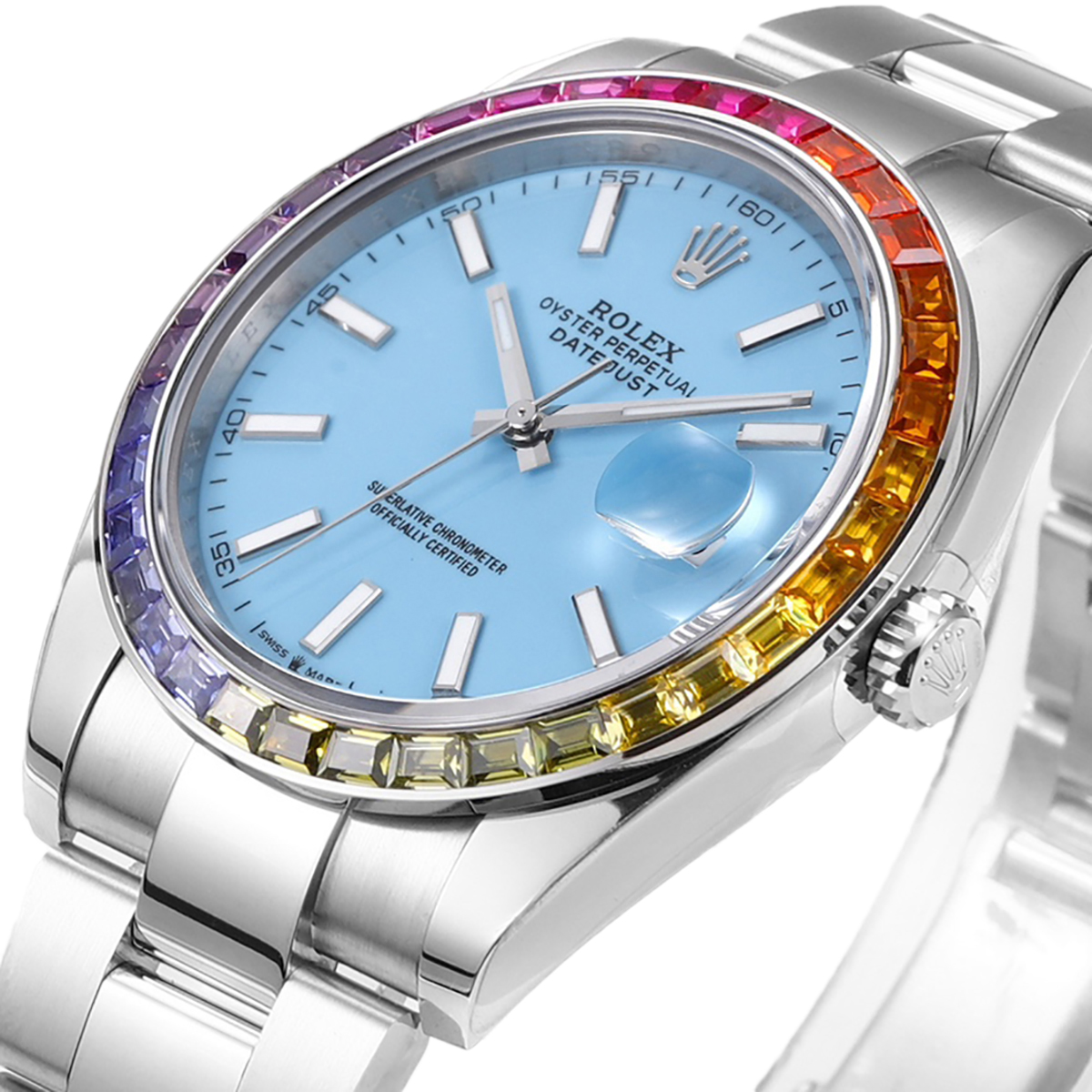 Datejust 41 T*f*ny Blue Dial Stick Markers with Rainbow D1am0nd Bezel in Steel on Oyster Bracelet